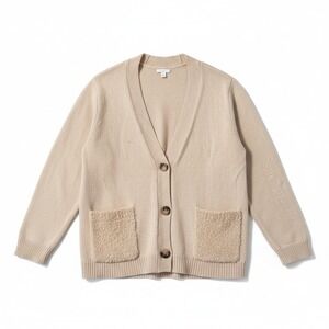 J. Jill Womens XL Petite Beige Knit Button Front Cardigan sherpa Pockets Sweater